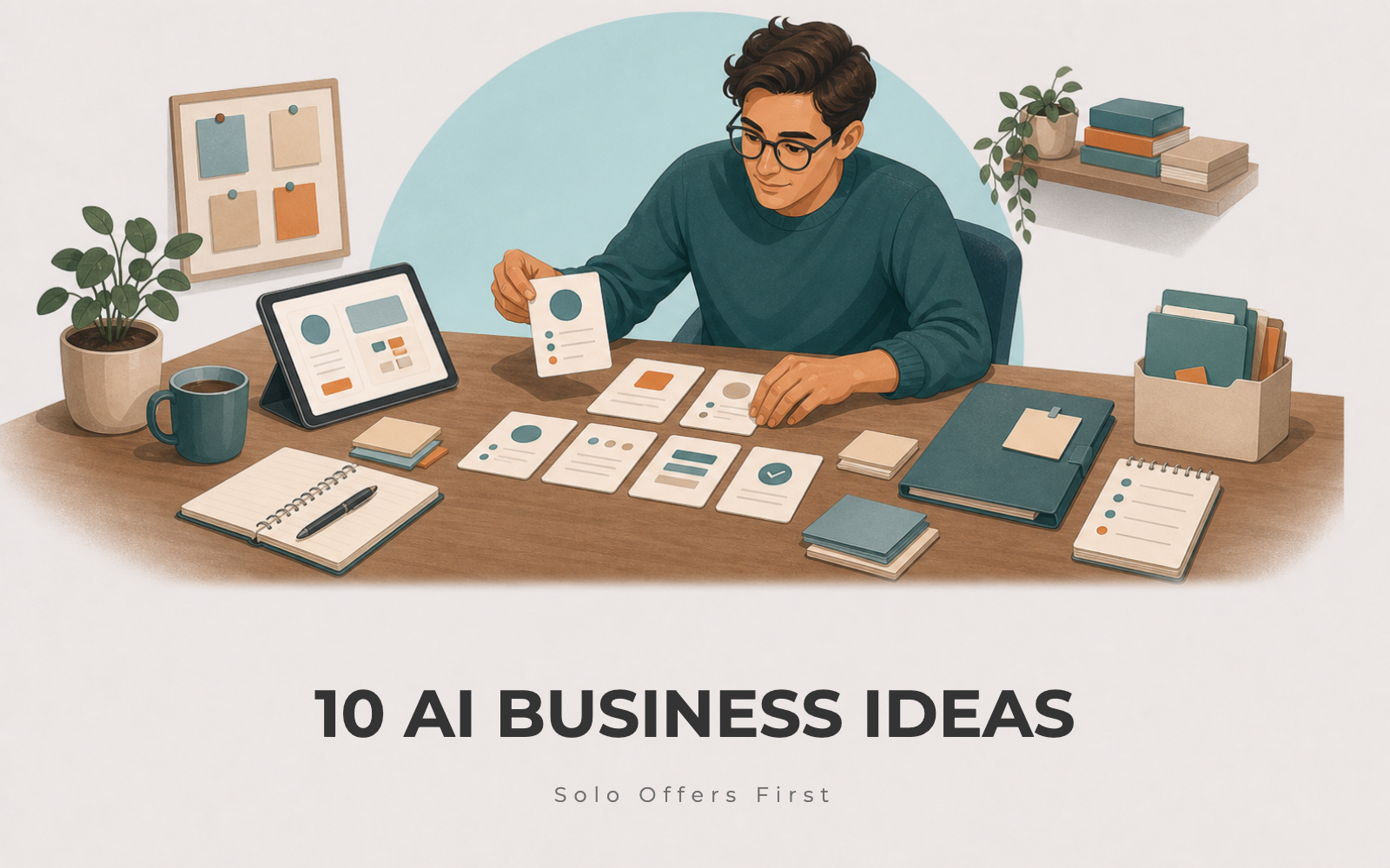 Solopreneur arranging AI business offer cards with workflow notes and customer folders
