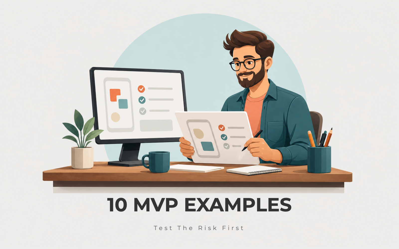 Founder reviewing an AI MVP sketch and validation board at a desk