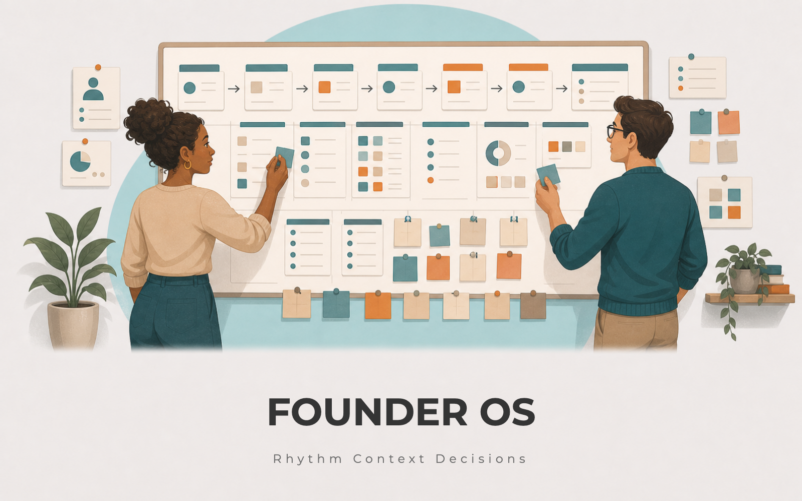 Founder building an operating system wall map with tasks, decisions, customer notes, and weekly rhythm cards