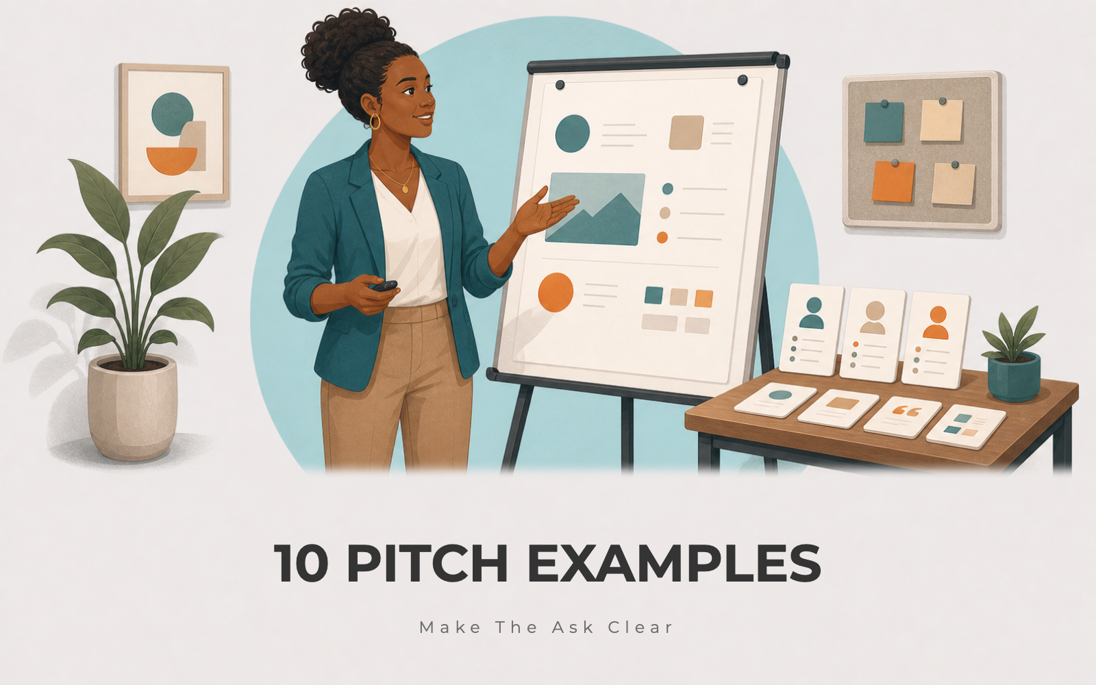 Founder practicing a business pitch beside a board with audience cards and proof notes