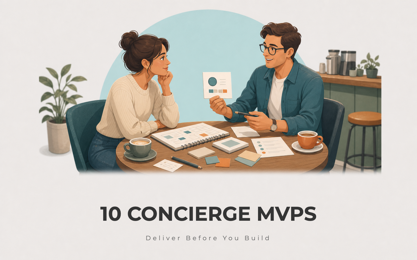 Founder reviewing a concierge MVP test with a customer across a small table