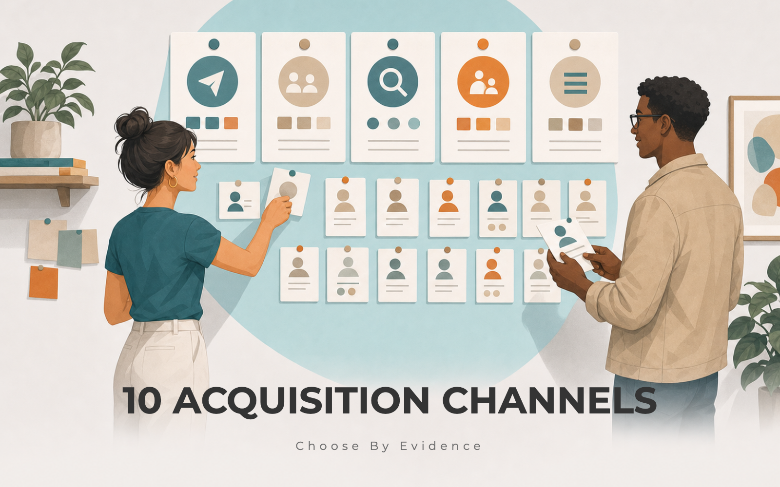 Two founders comparing acquisition channel cards against customer evidence on a studio wall