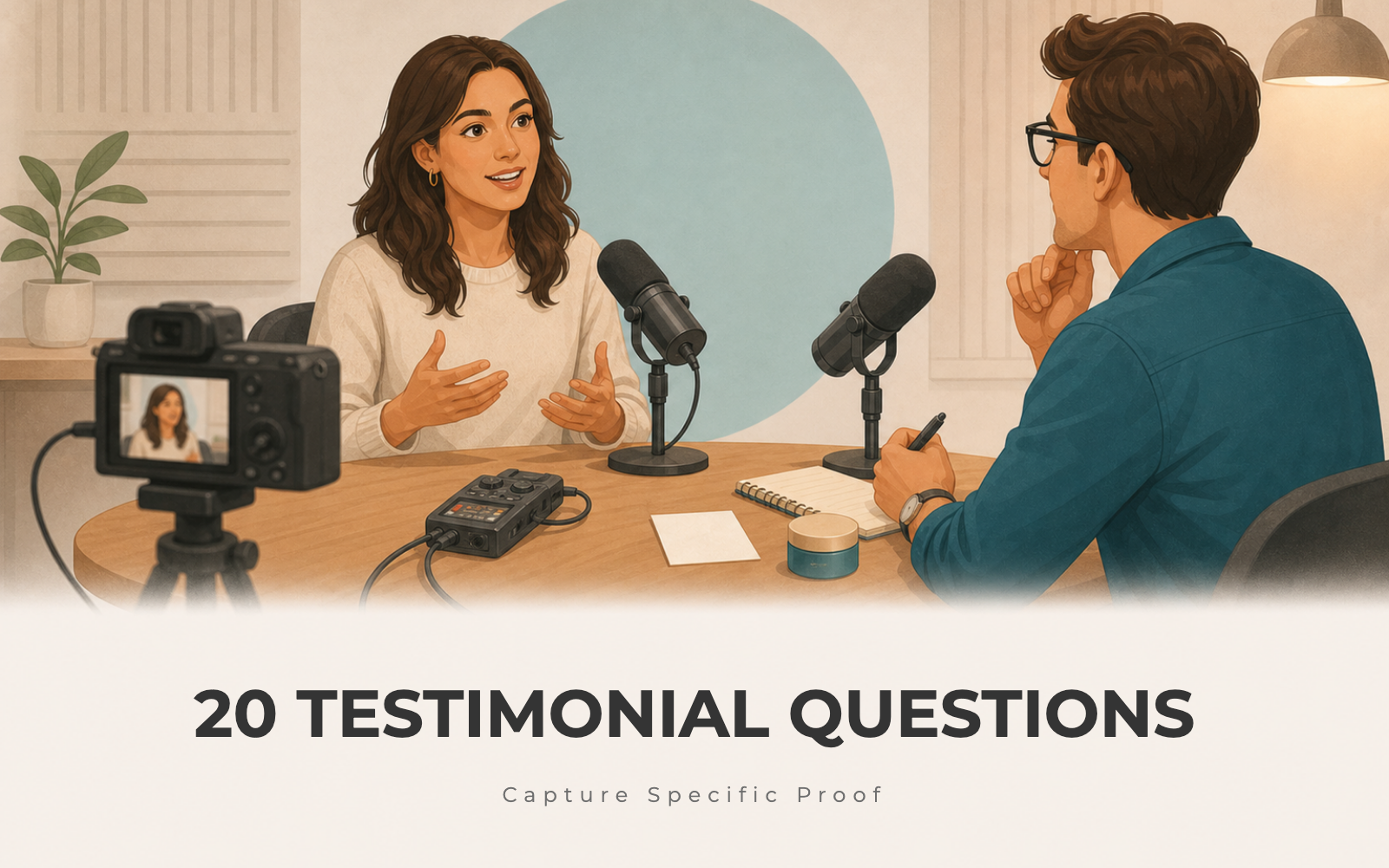 Customer sharing a detailed story during a recorded interview with a founder and compact camera