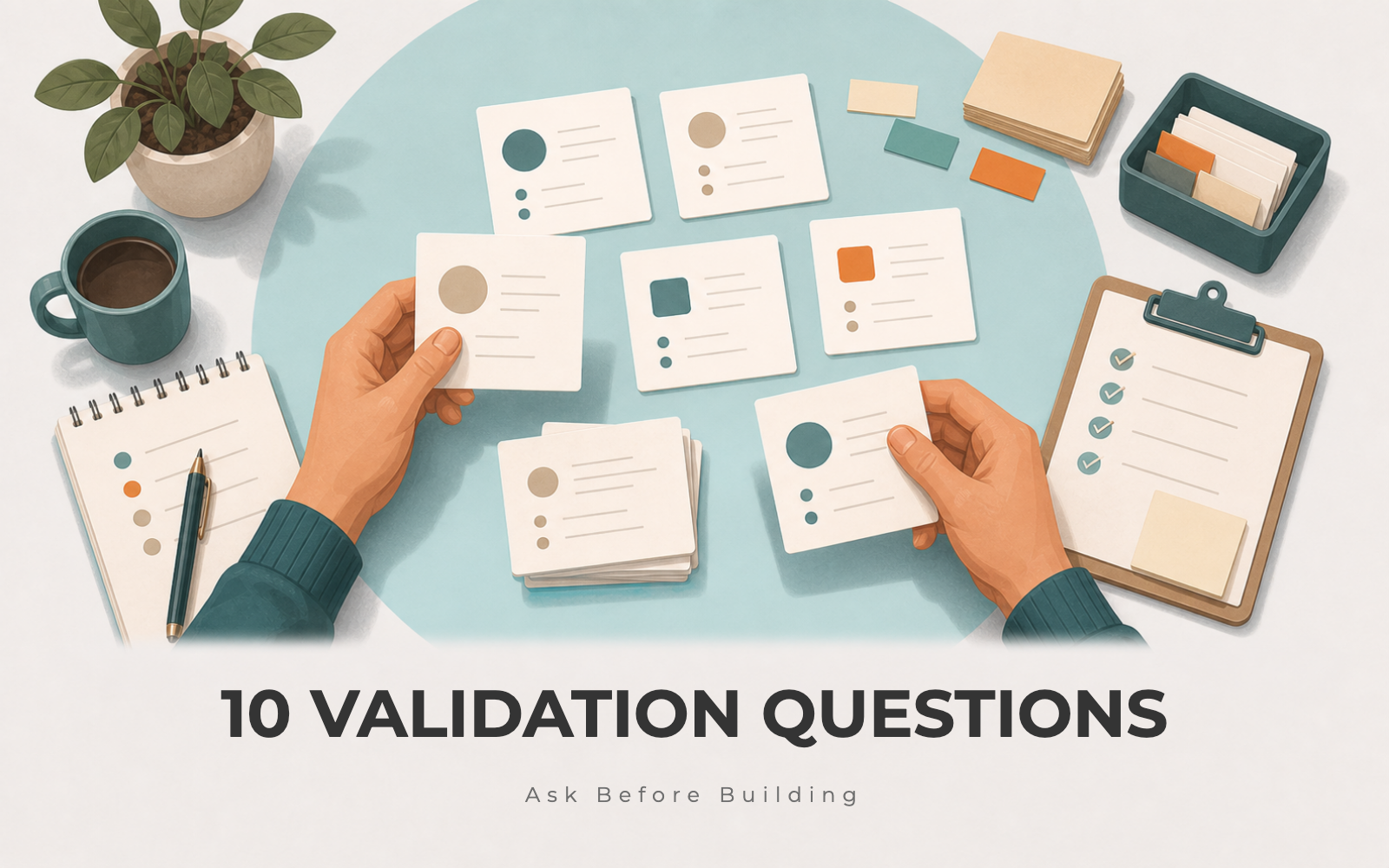 Founder arranging customer validation question cards beside interview notes and a simple checklist