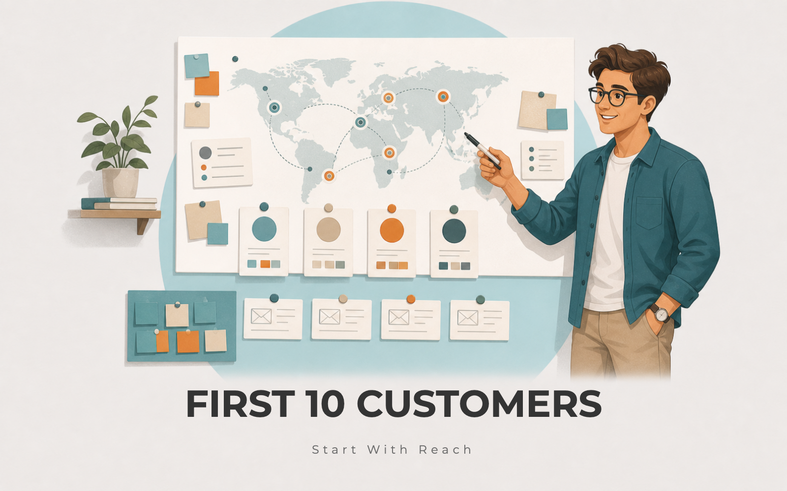 Founder mapping first customer targets on a wall with notes, segments, and outreach cards
