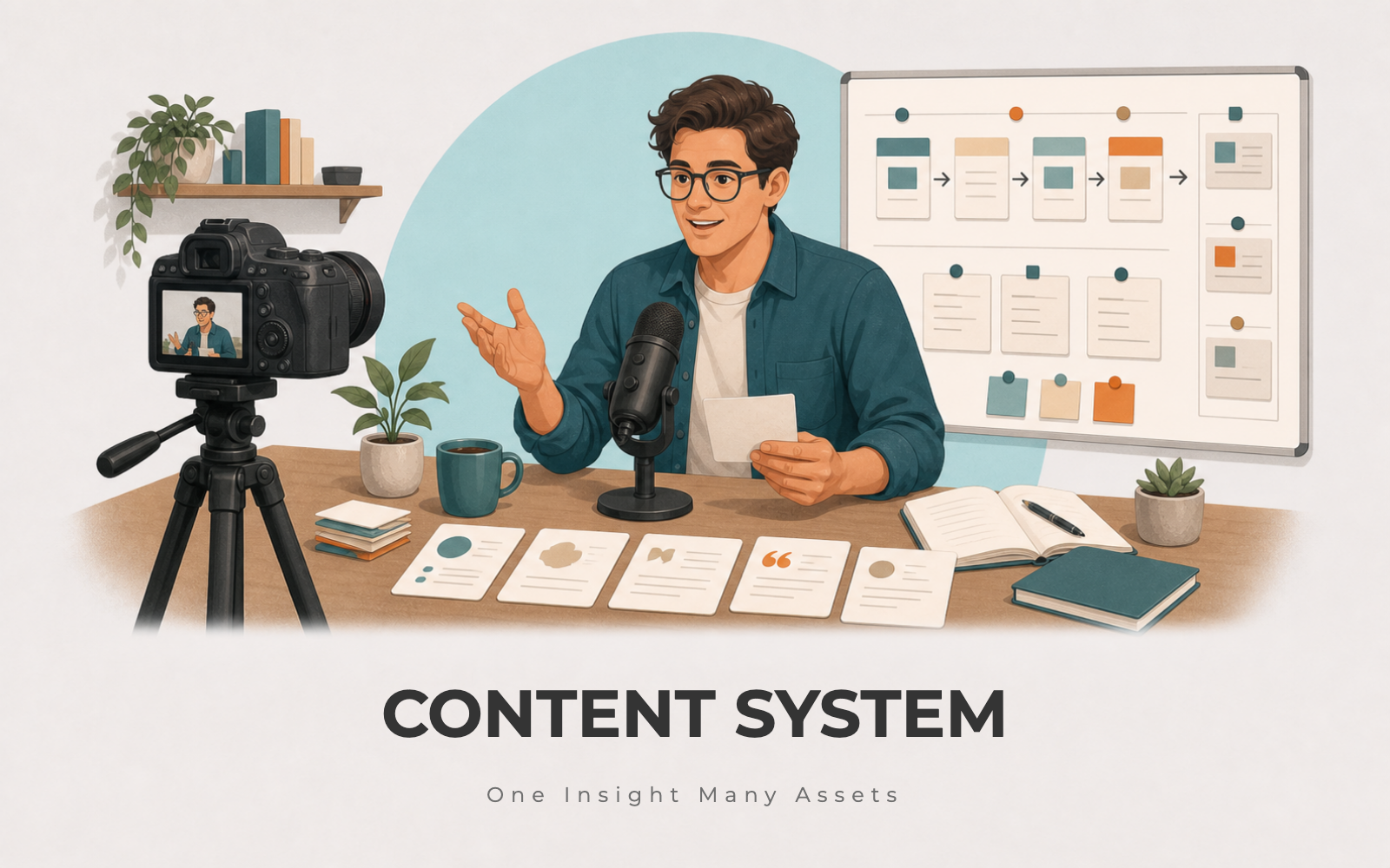 Founder recording content beside customer notes, quote cards, and a simple asset workflow
