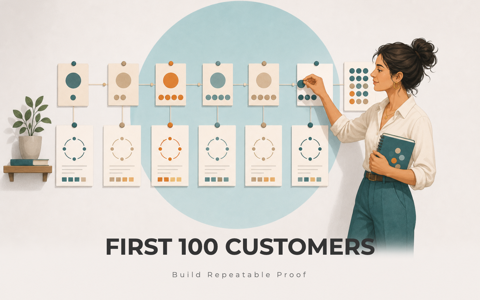 Founder marking customer milestones and learning loops on a wall from first sale to one hundred customers