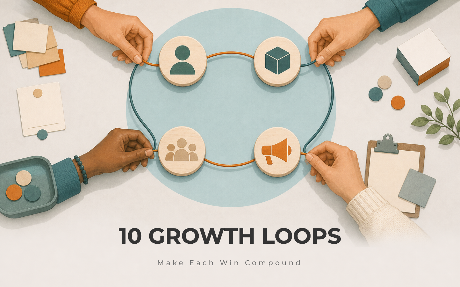 Hands connecting customer, product, referral, and content tokens into a circular growth loop on a table