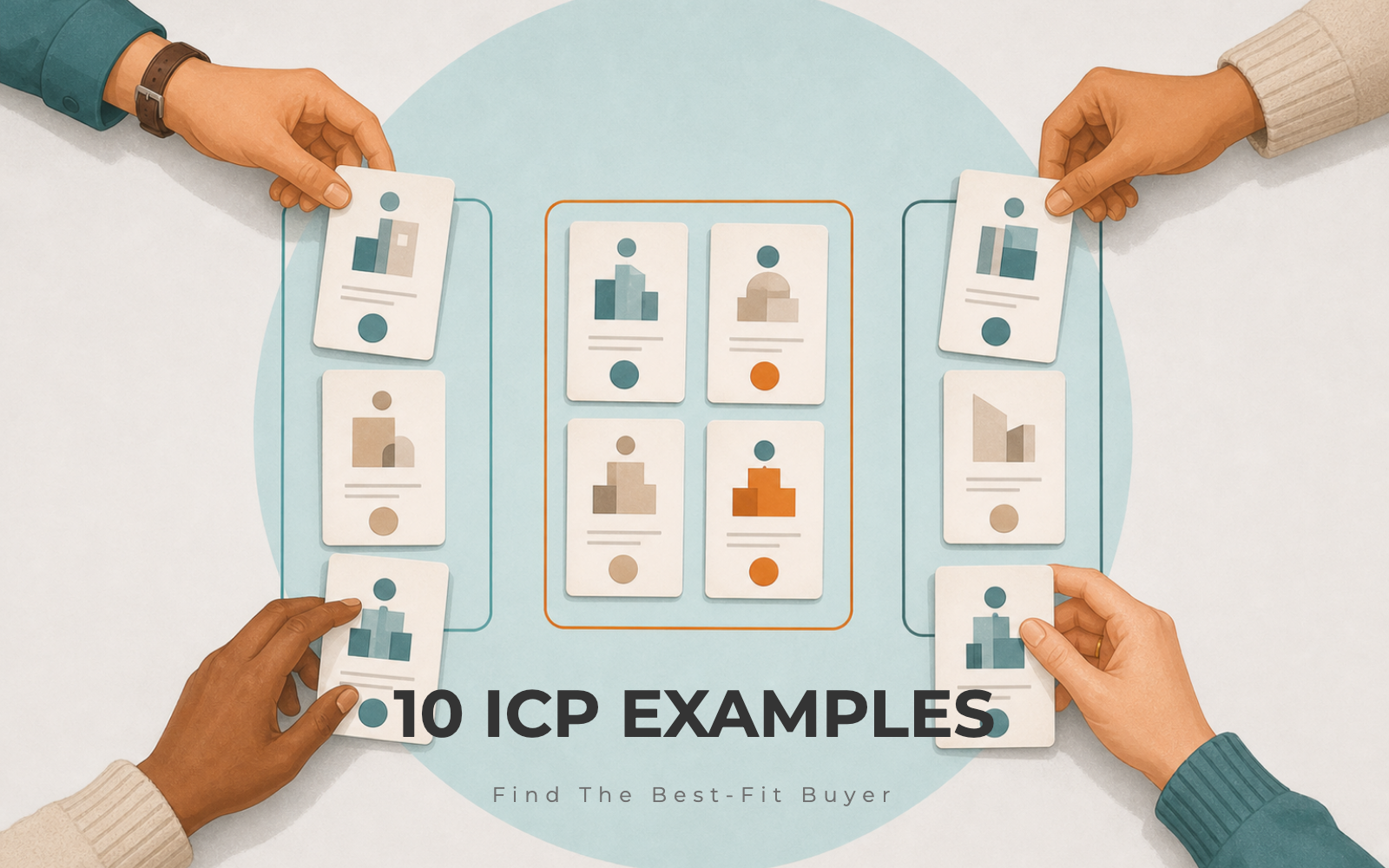 Hands sorting B2B customer profile cards by company fit, urgency, and buying trigger
