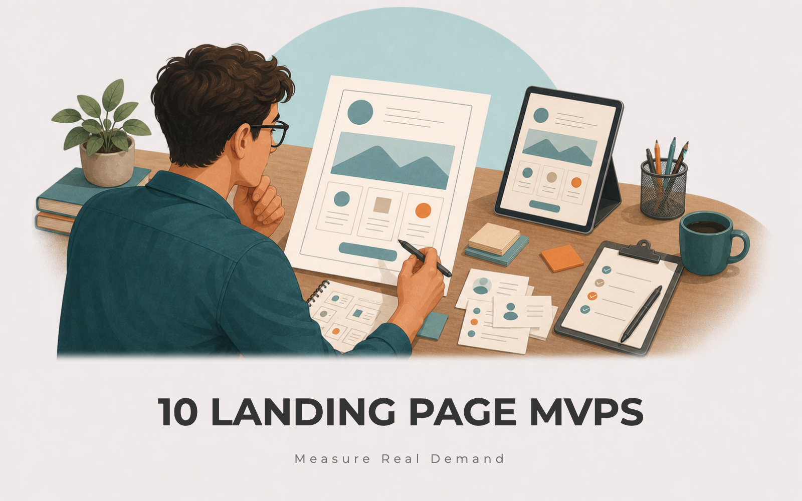 Founder reviewing a landing page MVP test with signup cards and customer response notes