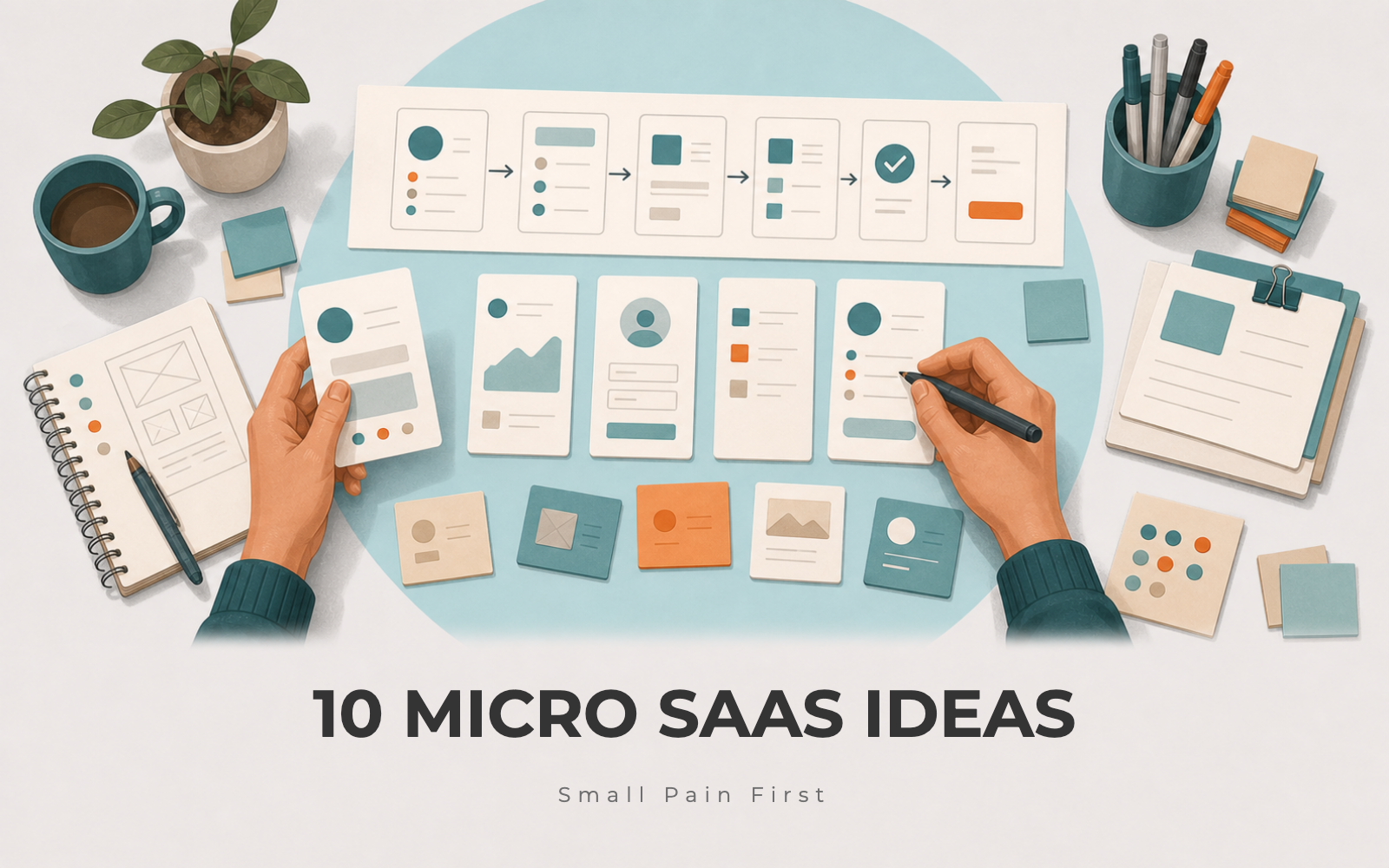 Founder sketching a micro-SaaS workflow on a board with small app screens and customer notes