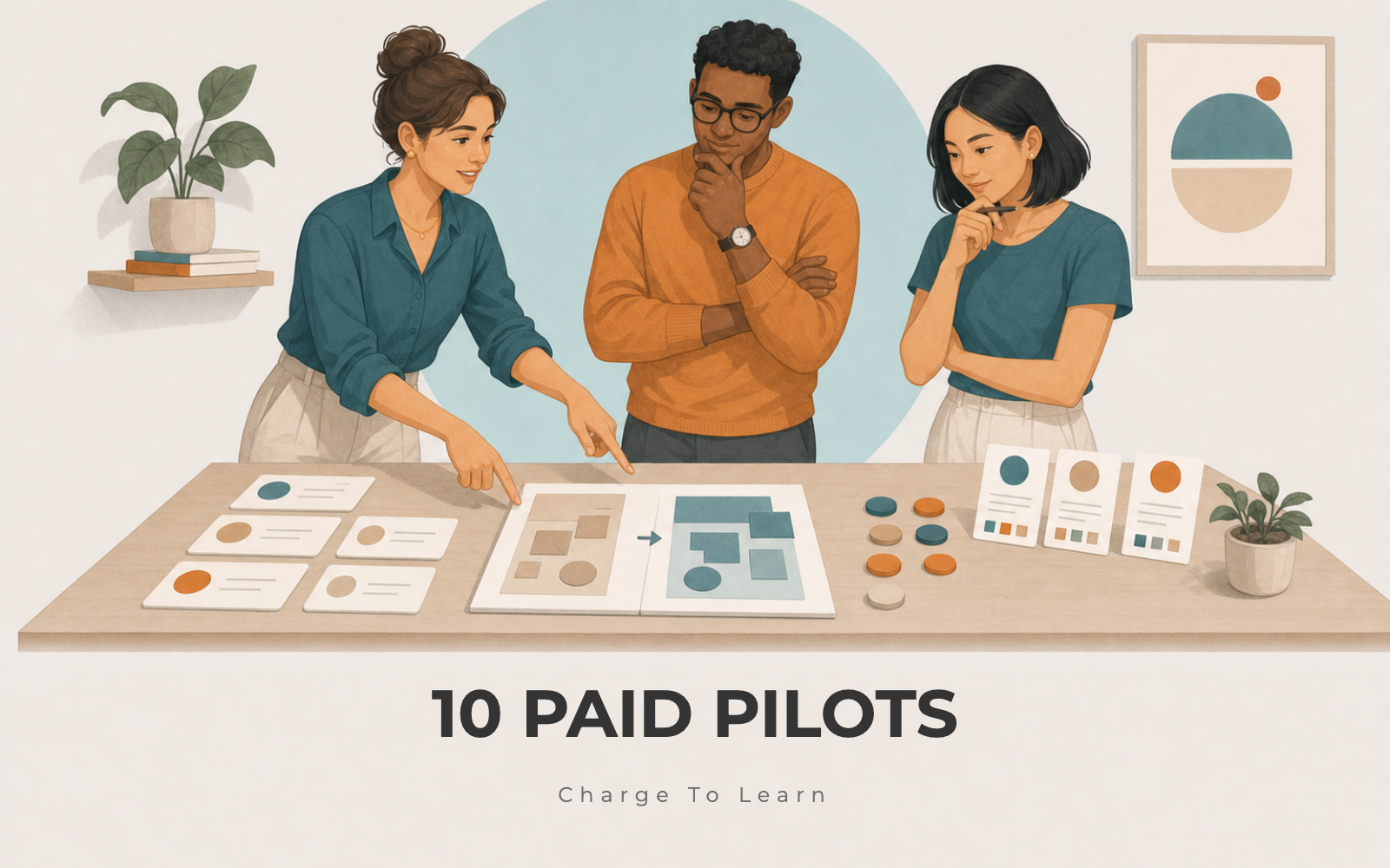 Small team reviewing paid pilot results with customer feedback cards and outcome markers