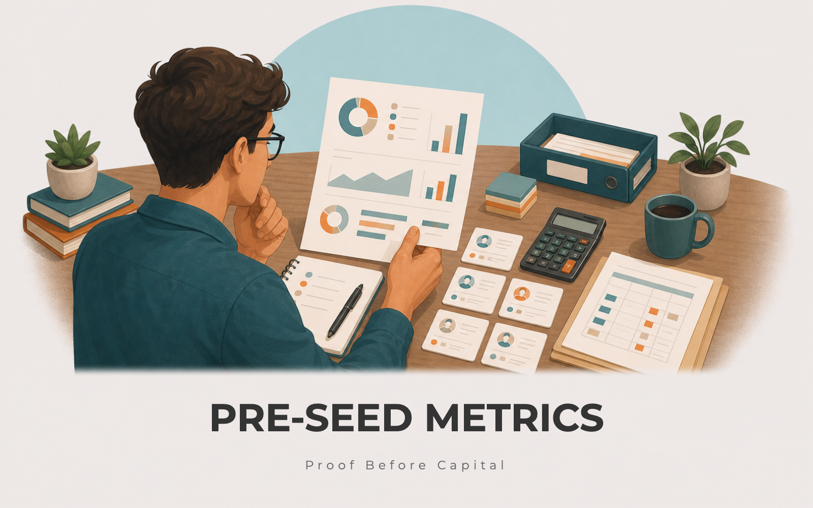 Founder reviewing pre-seed metrics with a simple dashboard, customer proof notes, and runway sheet
