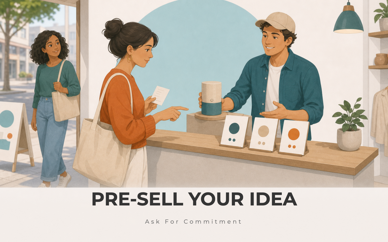 Potential customer reviewing a preorder offer with a founder at a simple pop-up counter