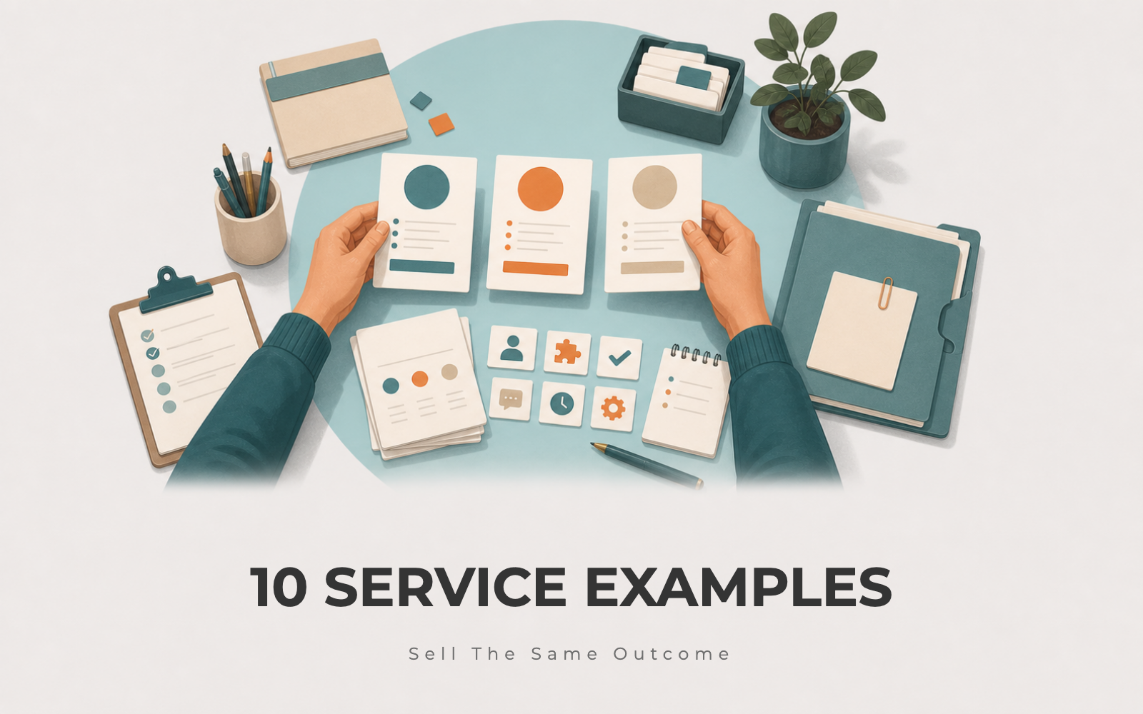 Solo founder arranging productized service package cards, pricing notes, and delivery checklists on a workbench