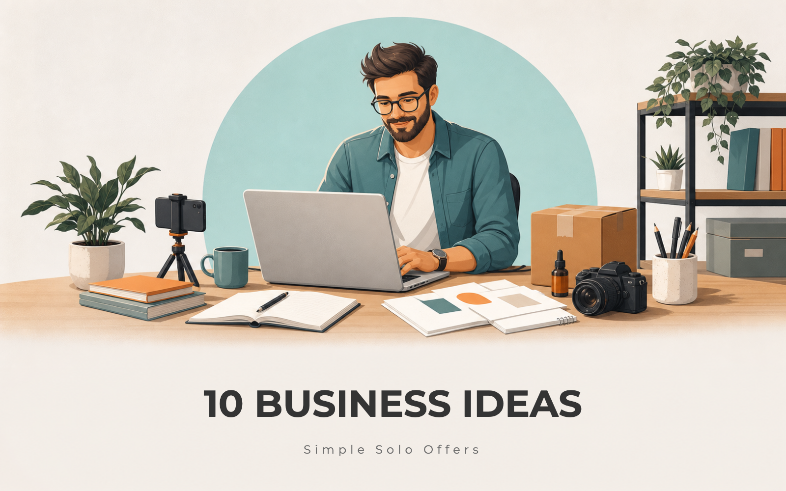 Solo founder planning simple business ideas at a desk with a laptop and notebook