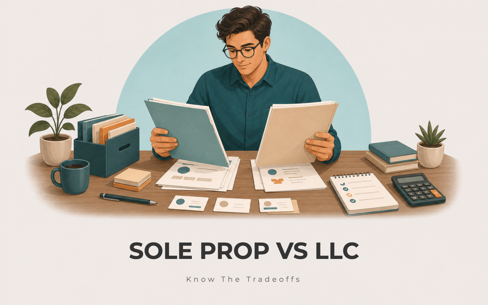 Founder comparing sole proprietorship and LLC document folders with a checklist and calculator