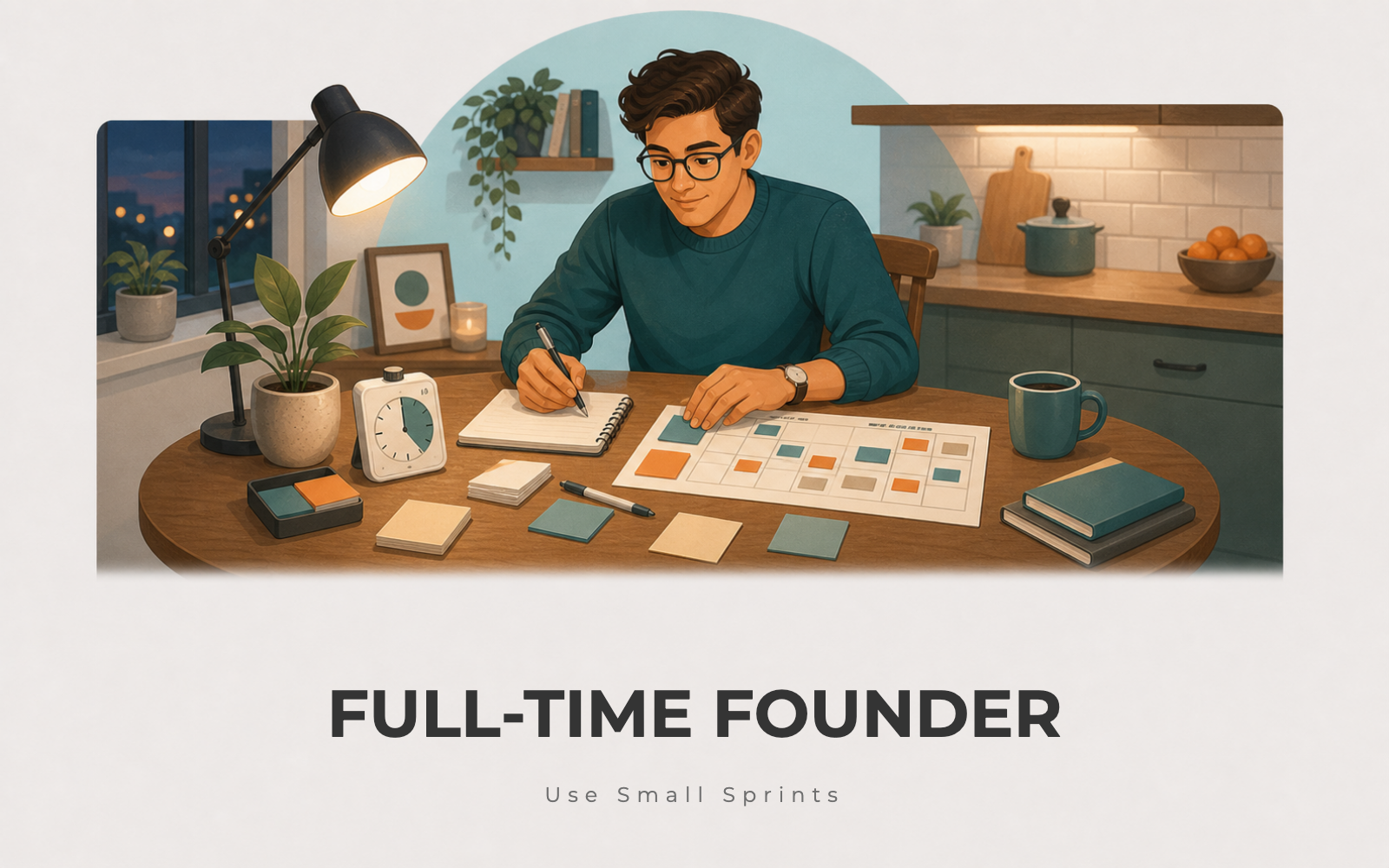 Founder planning an evening business sprint at a kitchen table with calendar blocks and idea notes