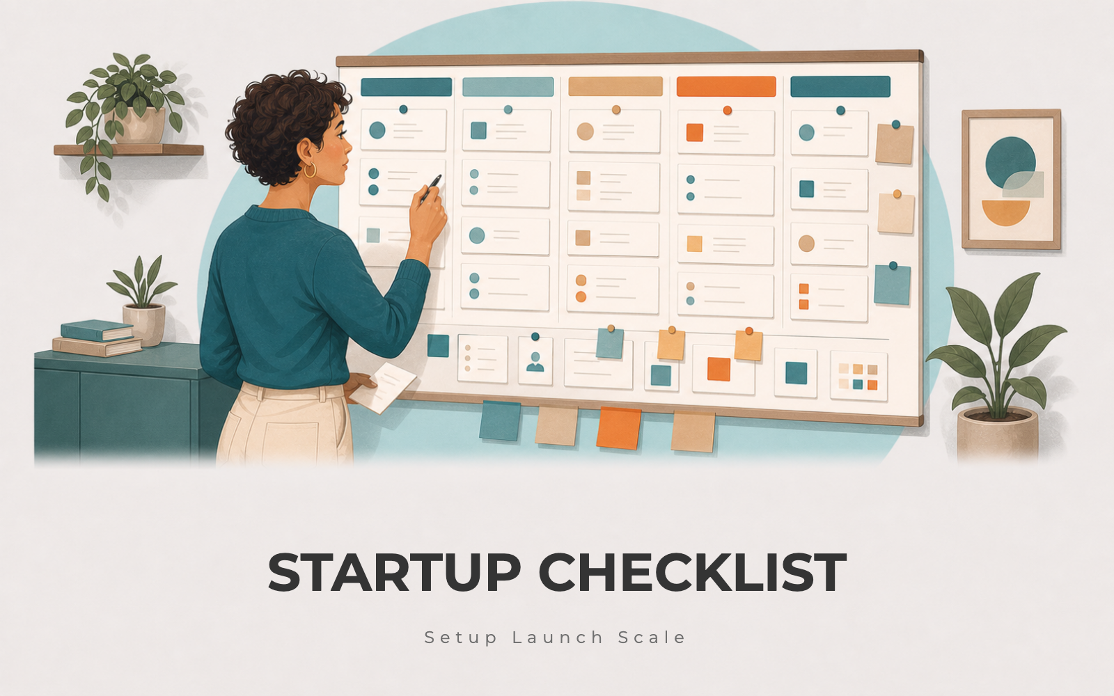 First-time founder reviewing a startup checklist wall calendar with setup launch and scale columns