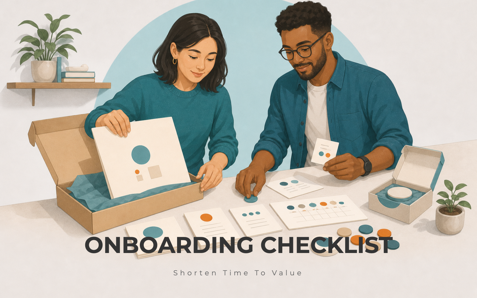Customer success pair preparing an onboarding kit with a welcome folder, setup cards, and milestone tokens