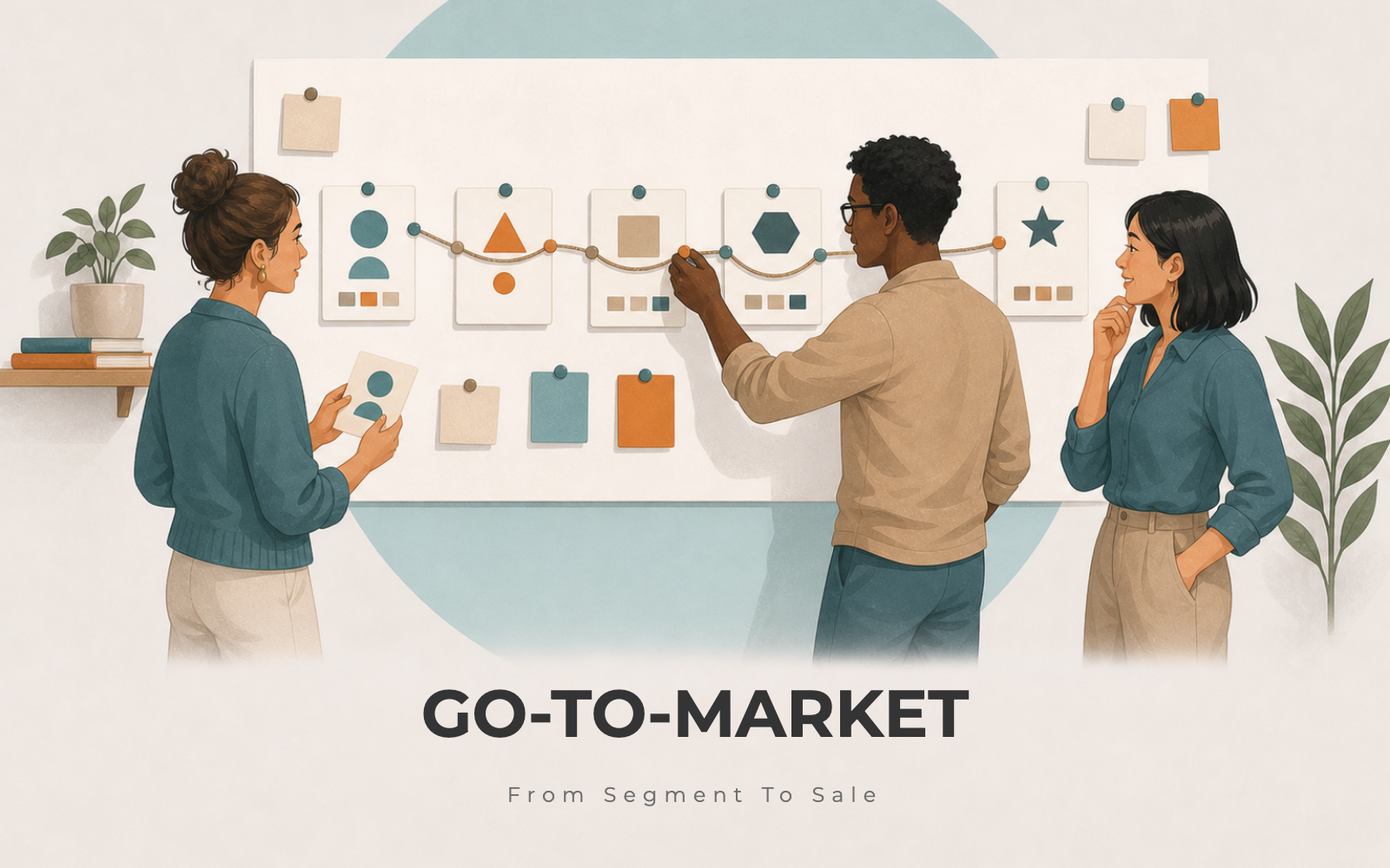 Small startup team mapping a go-to-market route from target customer to first sale on a wall