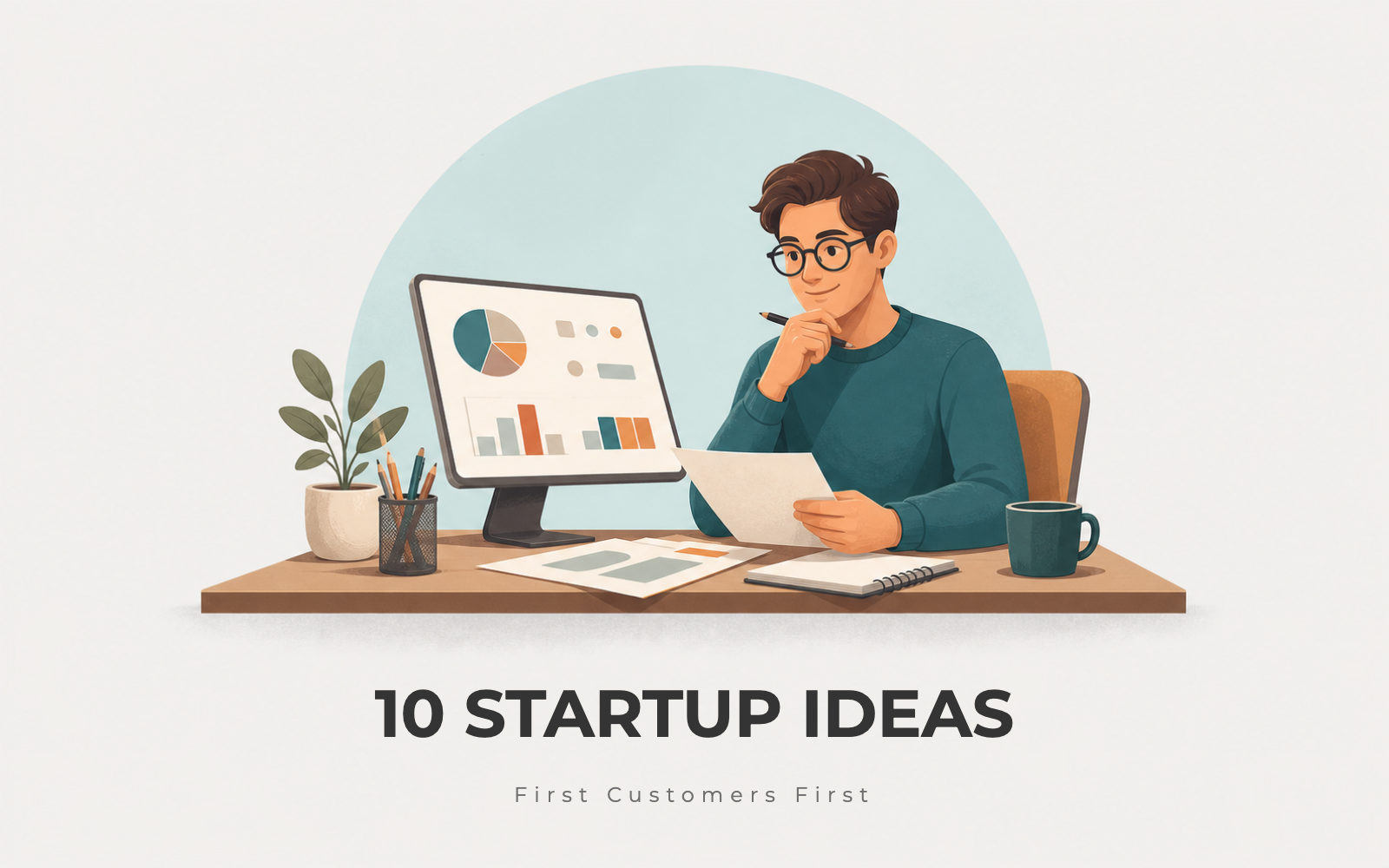 Founder planning startup ideas at a desk with a simple growth chart