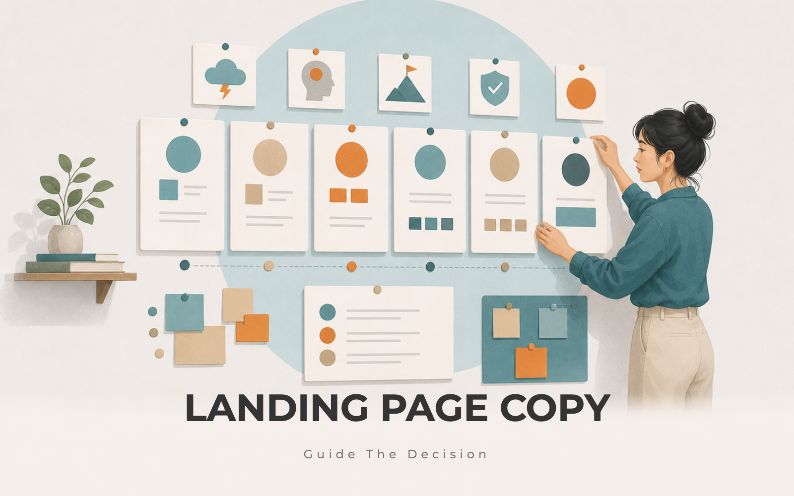 Copywriter arranging landing page section cards into a clear customer story on a wall