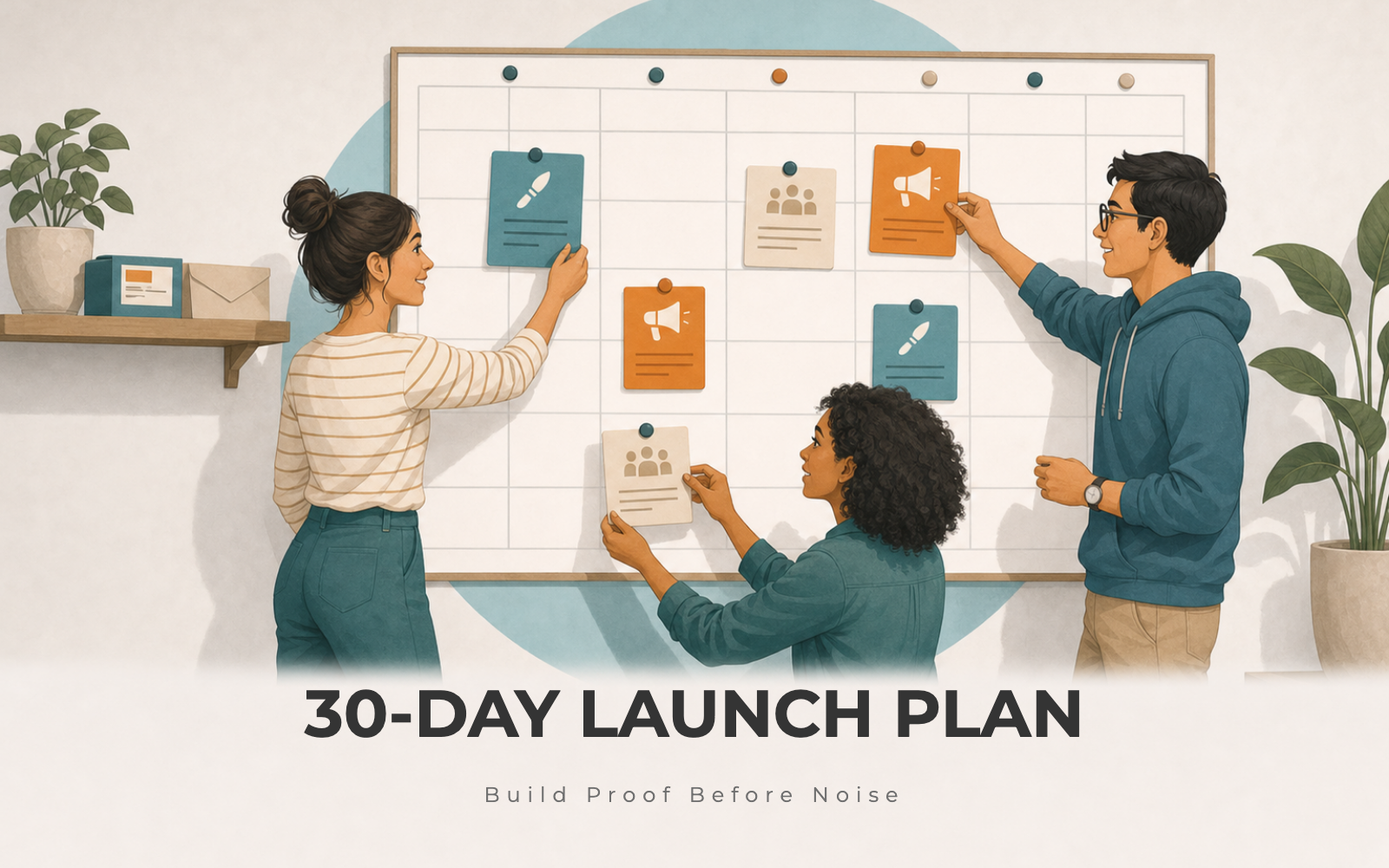 Small launch team planning a thirty-day calendar wall with proof, distribution, and customer follow-up cards