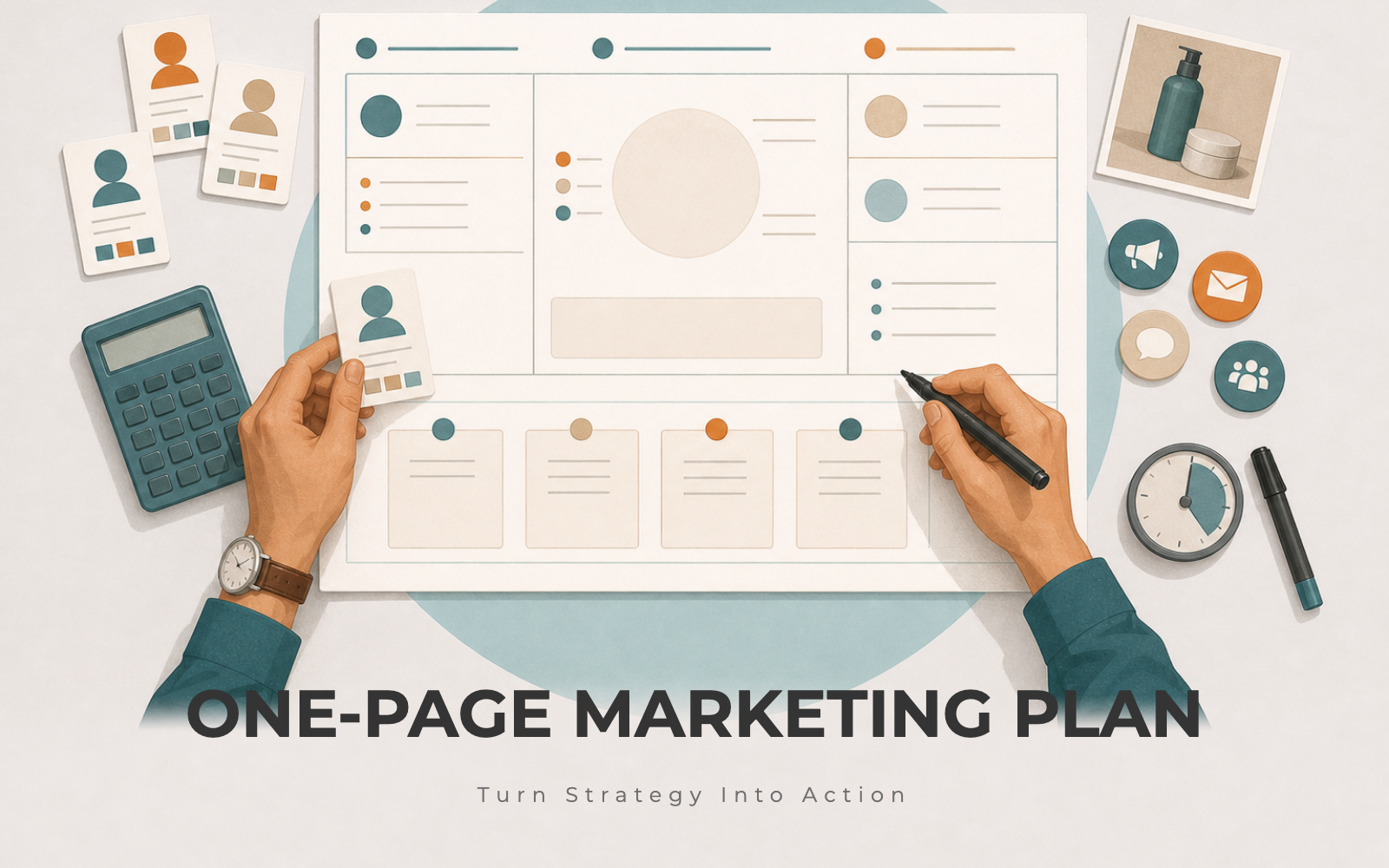 Founder's hands completing a one-page marketing plan with customer, proof, channel, and budget sections