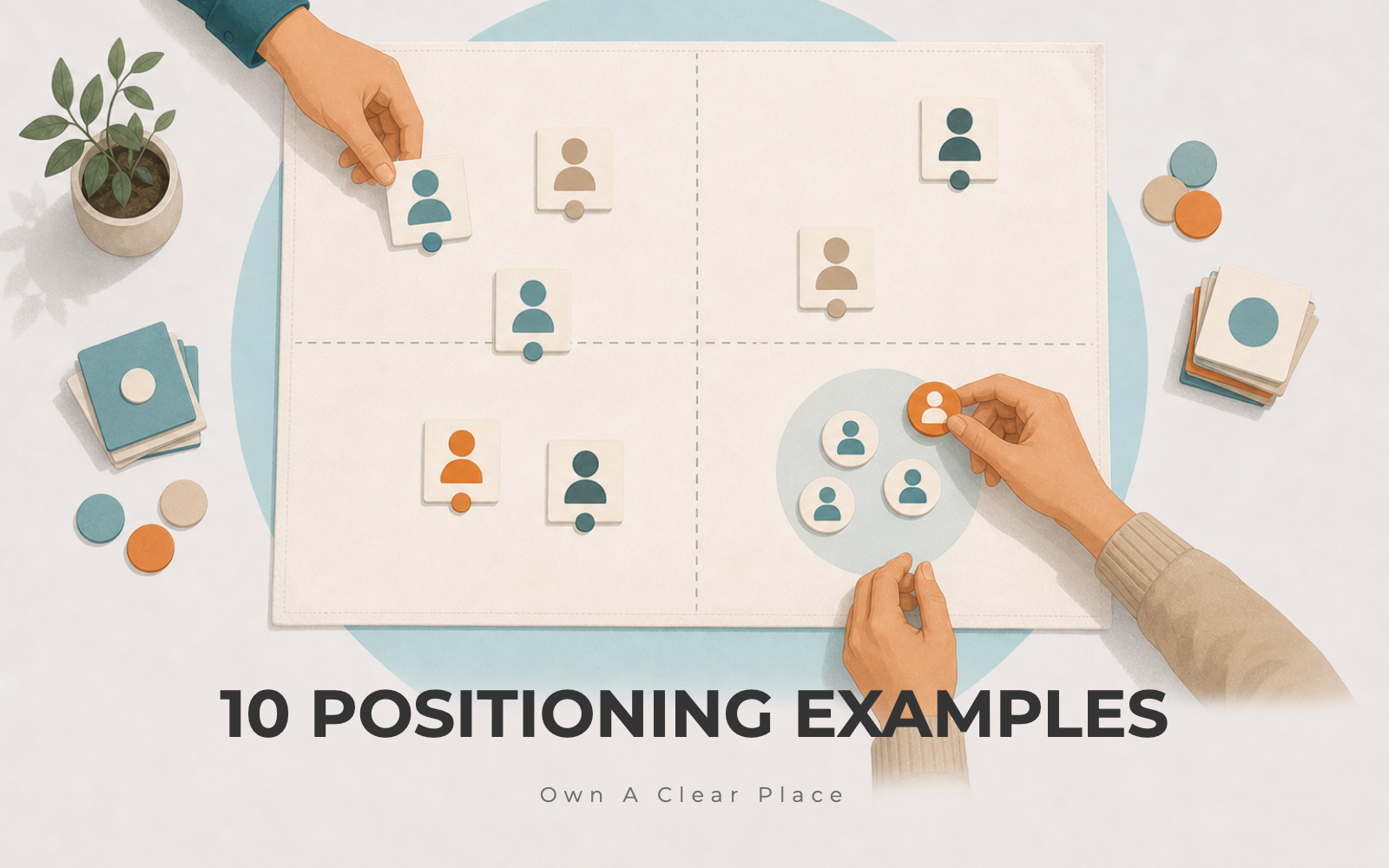 Hands arranging competitor and customer cards on a market positioning map