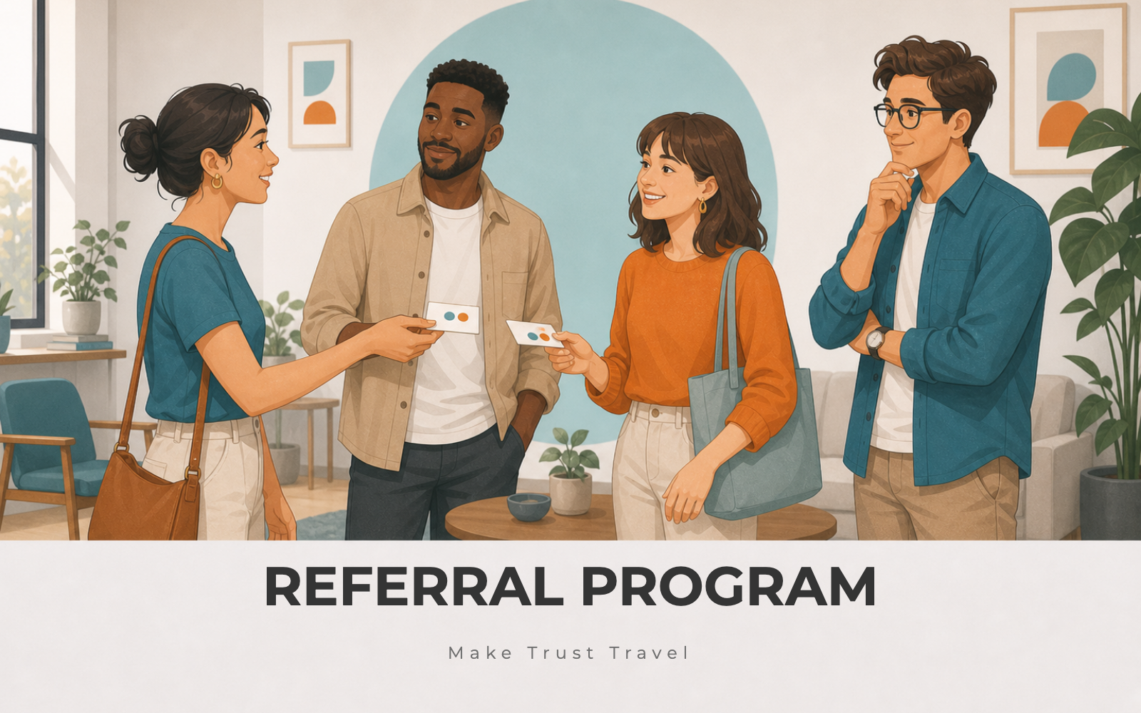 Customers passing referral cards during a small community event while a founder listens