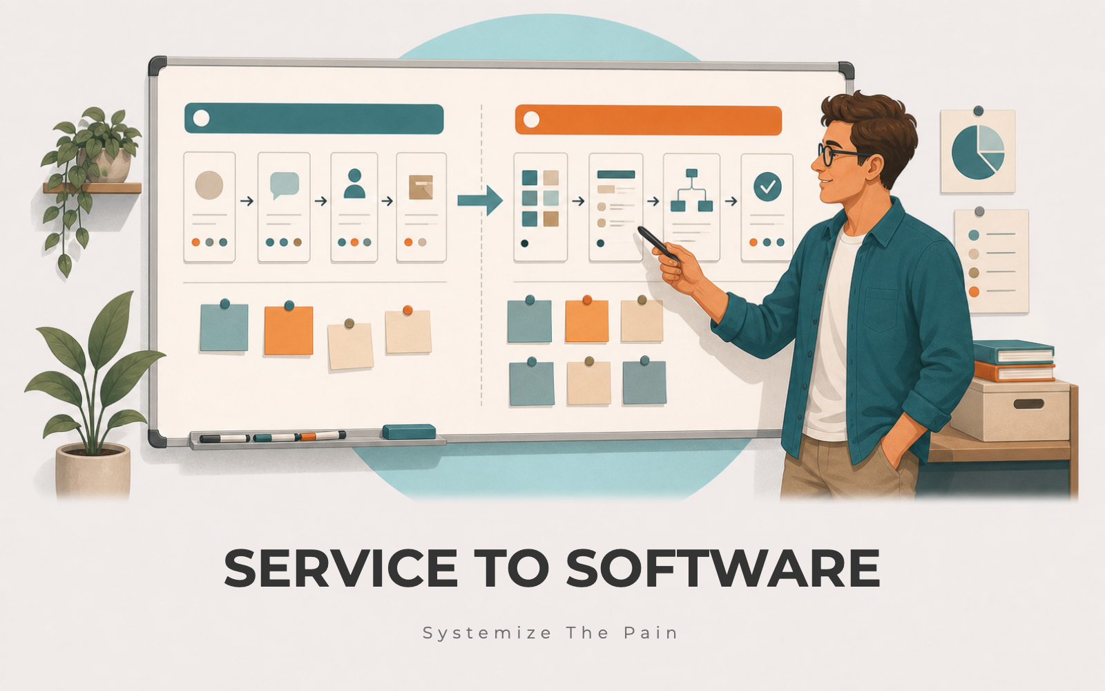 Service founder mapping a repeated customer workflow into software steps on a board