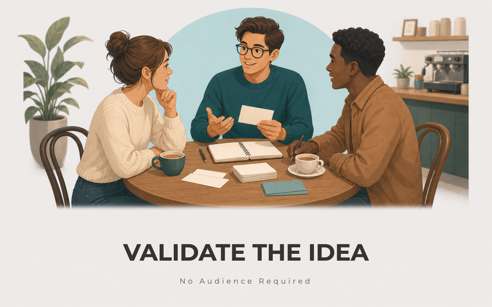 Founder interviewing two potential customers in a cafe with a notebook and validation cards