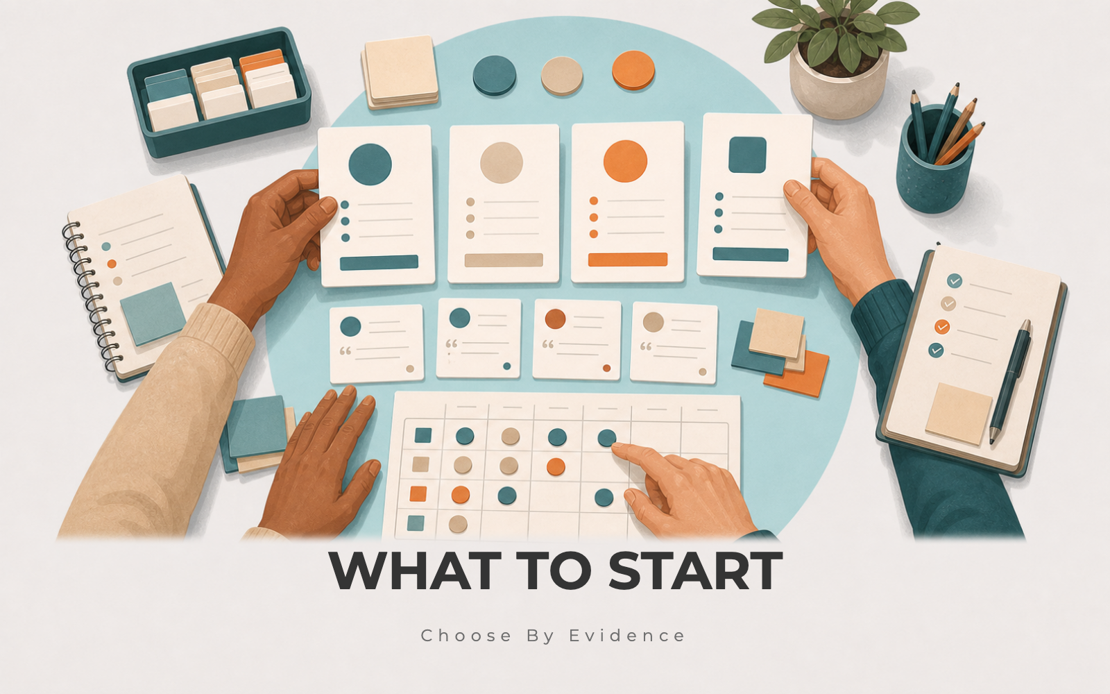 Founder comparing business options on a whiteboard with evidence cards and customer notes