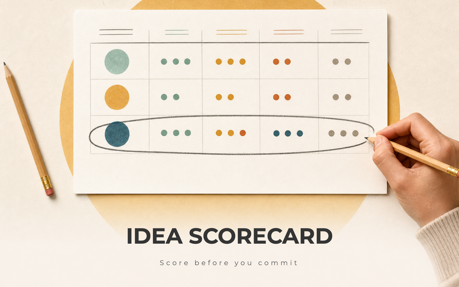 A printed idea scorecard grid with three business ideas scored and the winning row circled