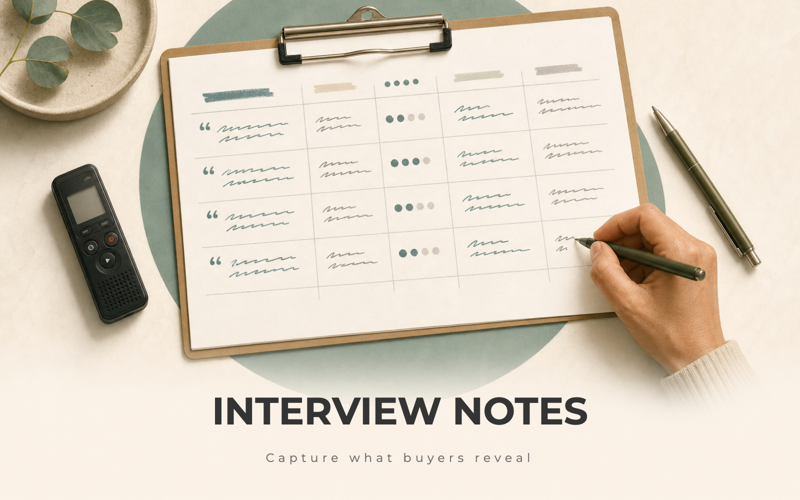 A filled-in customer interview notes sheet with columns for quotes, problems, and severity
