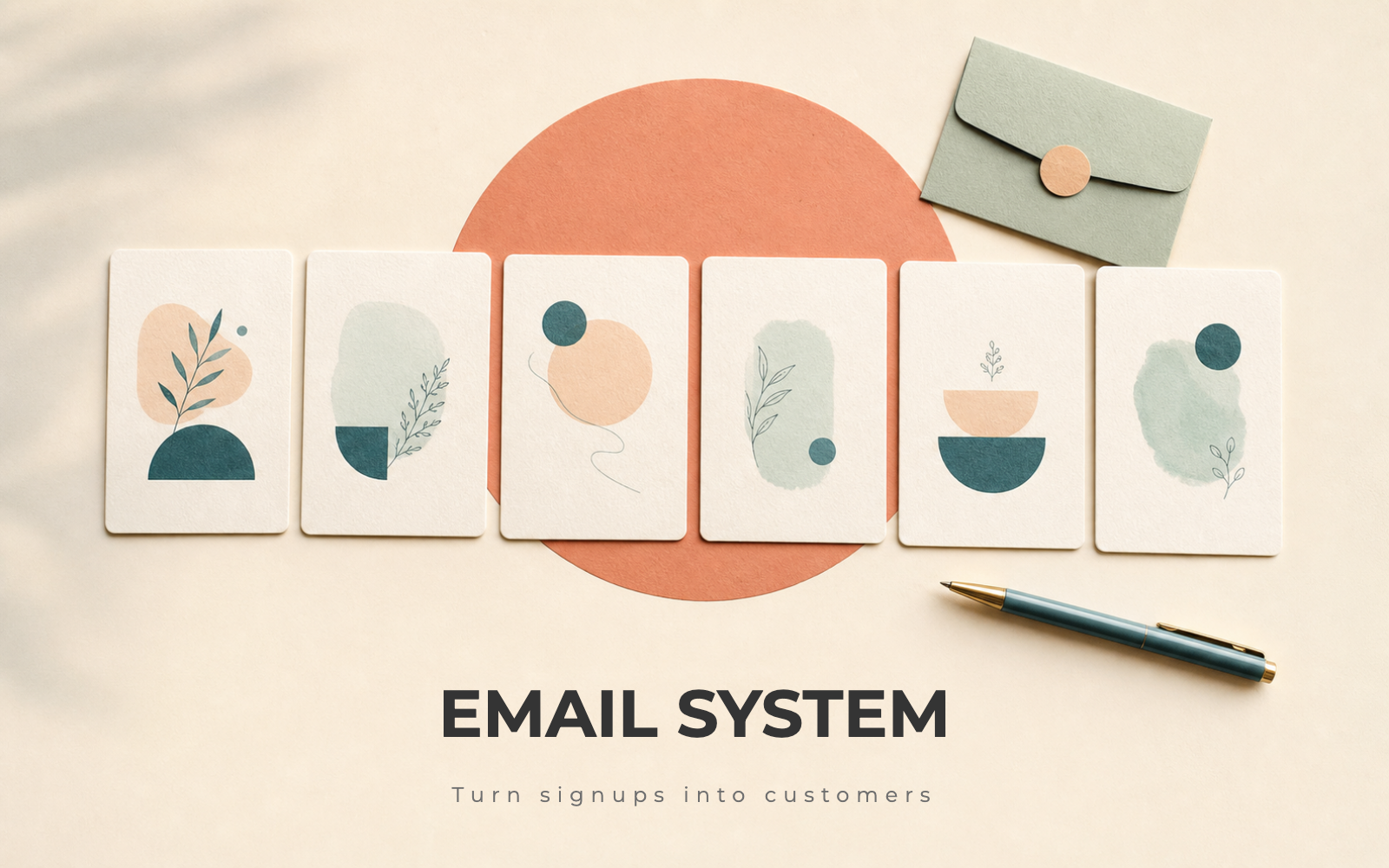 A flat lay of index cards mapping an email welcome-to-offer sequence with a pen and an envelope card