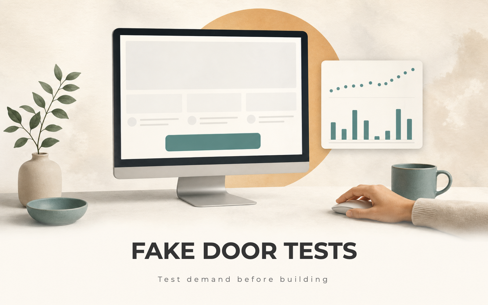 A mock landing page on a monitor with a call-to-action button and a small click-count analytics overlay