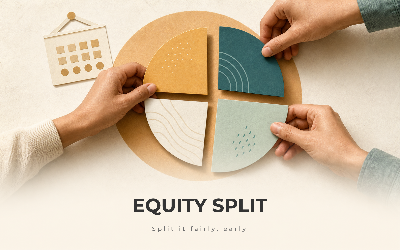 Two co-founders dividing an equity pie cutout into labeled contribution slices