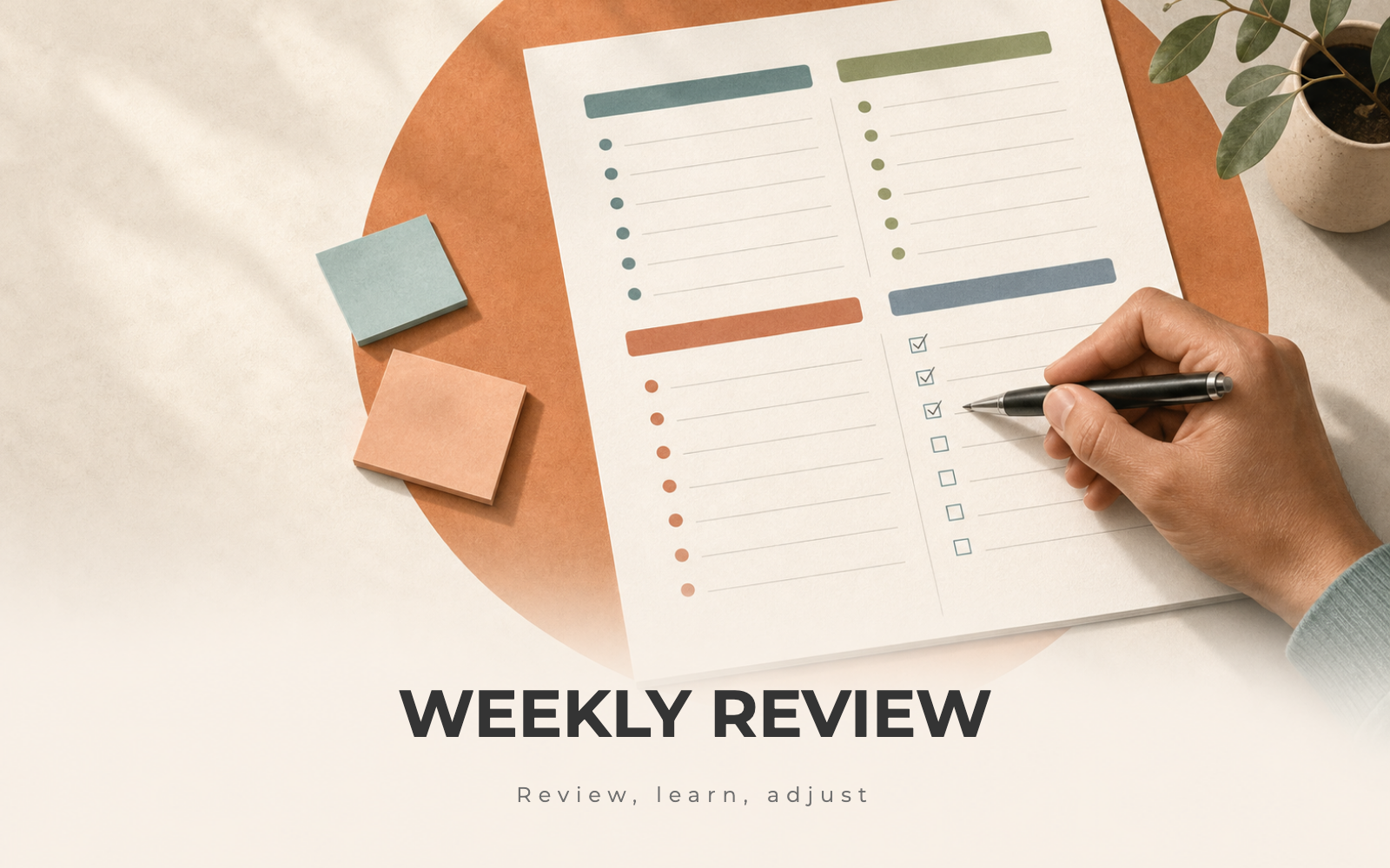 A filled founder weekly-review sheet with last week, metrics, blockers, and next-step rows