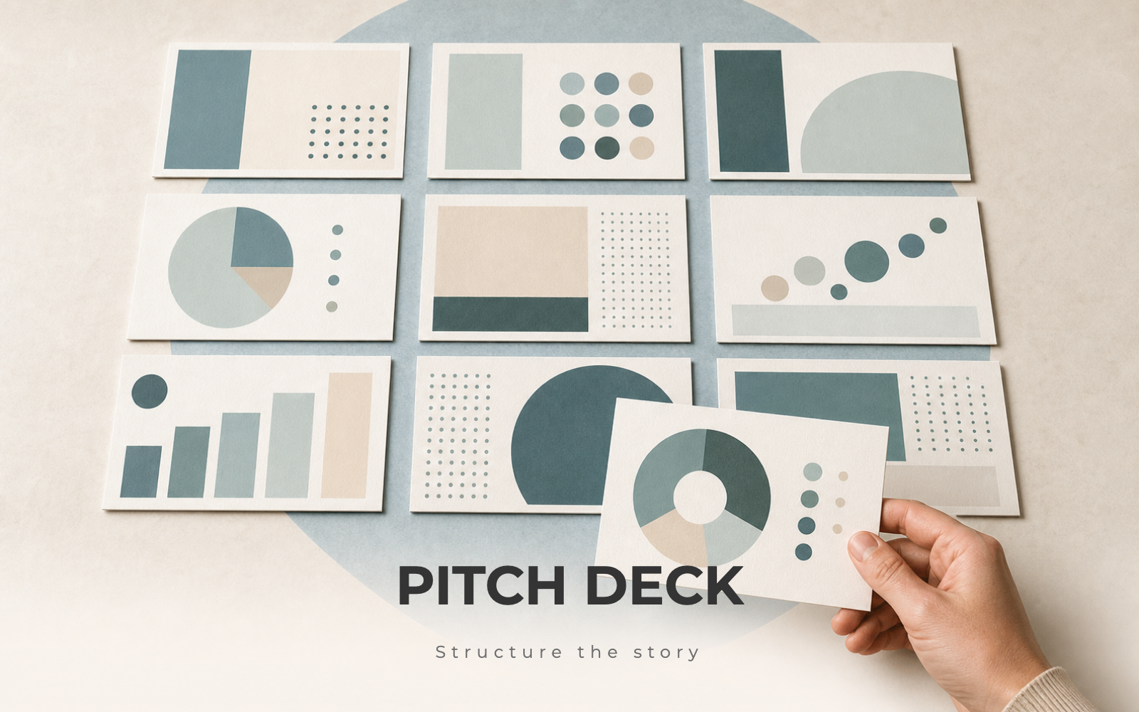 Printed pitch deck slides laid out in a grid on a table with one slide held up