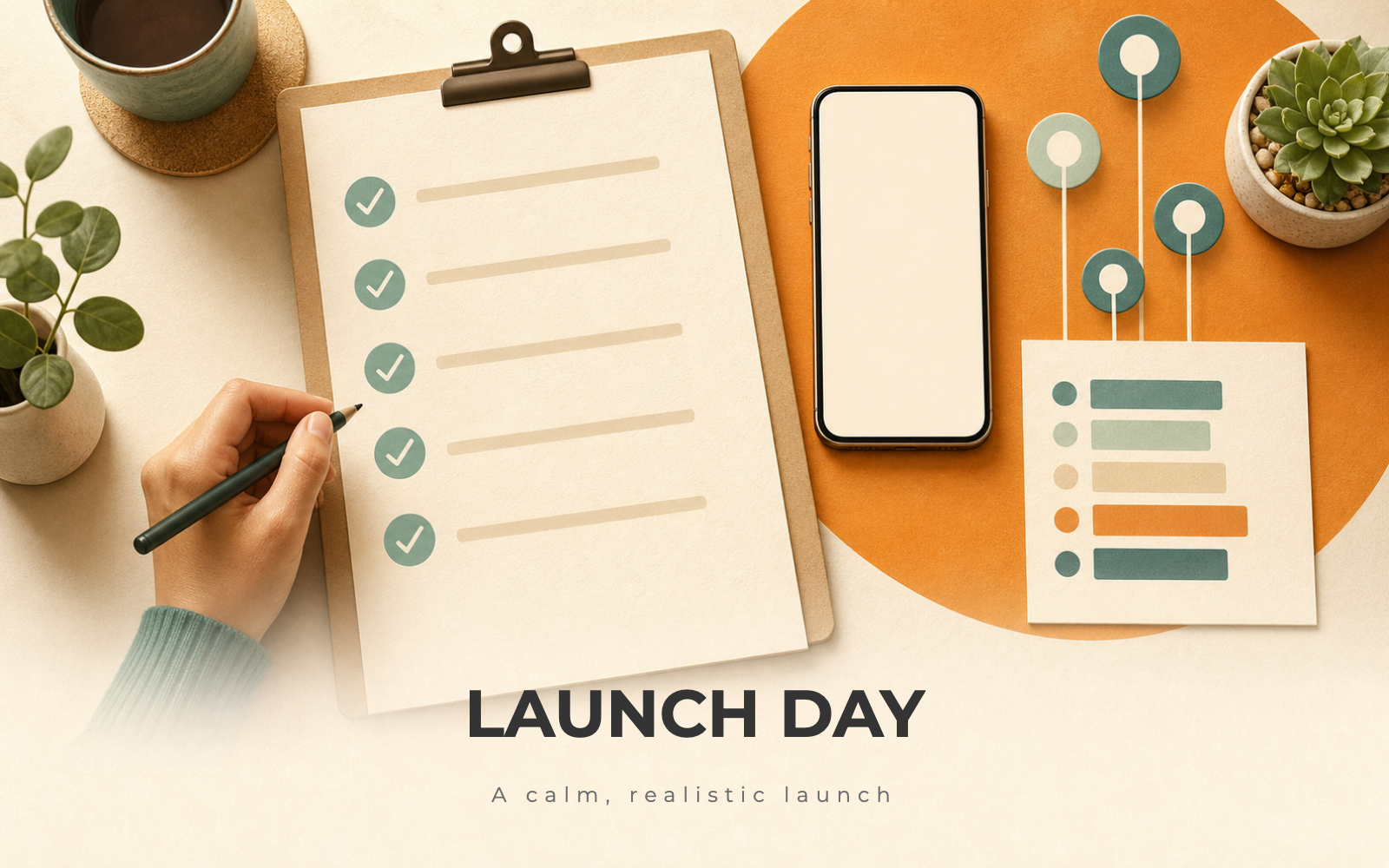 A launch-day checklist board next to a phone showing rising upvotes and a schedule of tasks