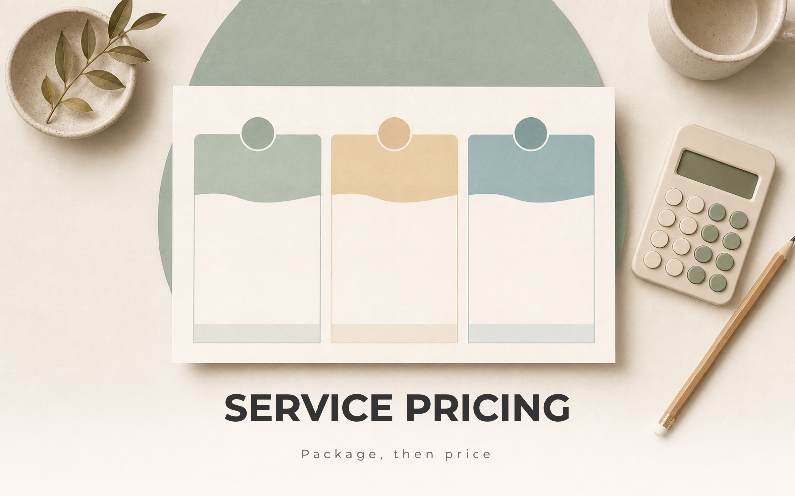 A productized service menu card showing three scoped tiers on a clean desk