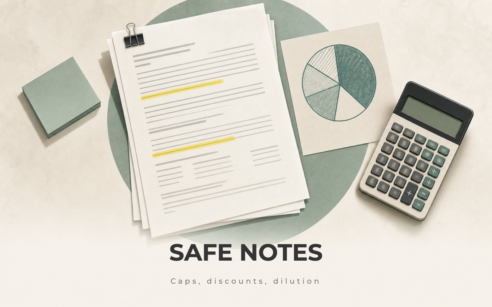 A SAFE term sheet with valuation cap and discount highlighted beside a calculator and an ownership pie sketch