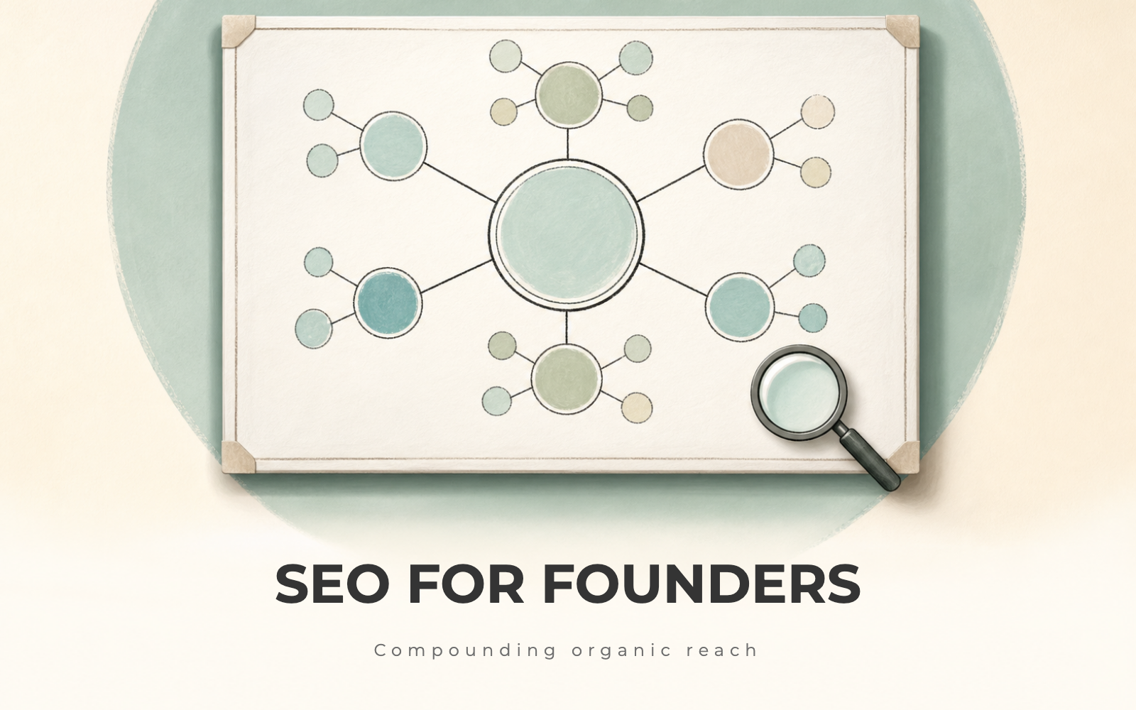 A whiteboard topic-cluster map with a central hub, spokes, and a sketched search bar