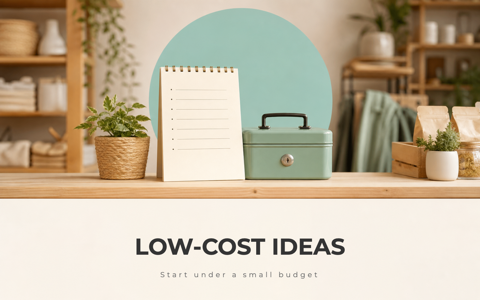 A small storefront counter with a handwritten startup-cost note and a small cash box
