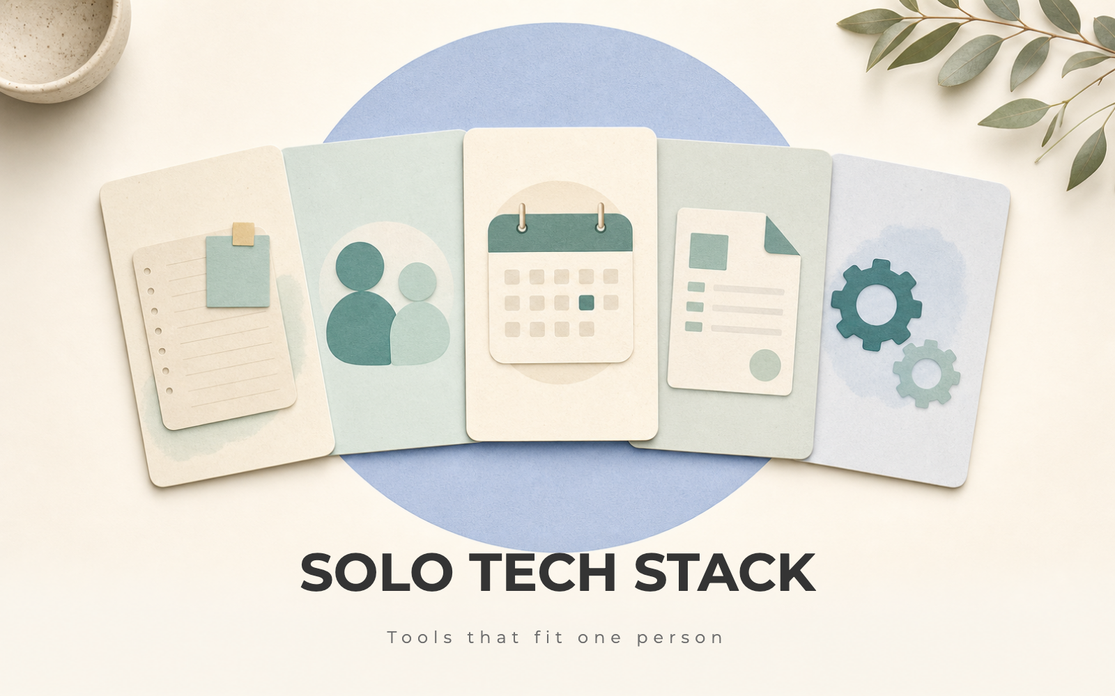A flat lay of labeled tool-category cards for a one-person business arranged as a connected stack