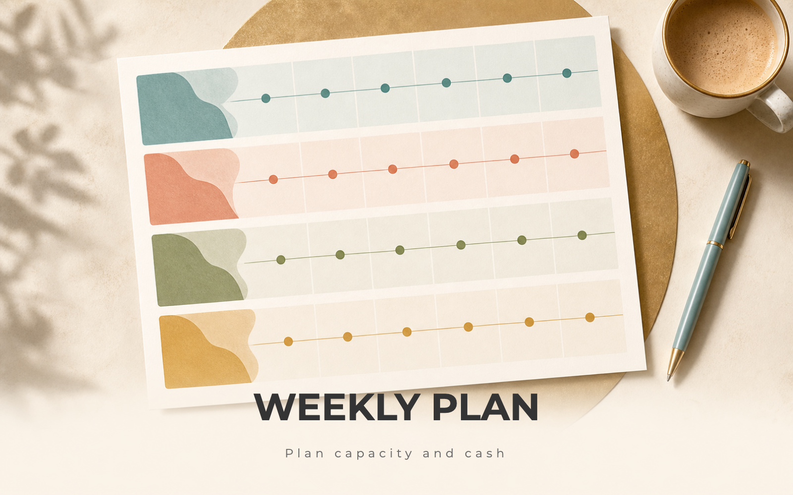 A printed solopreneur weekly planner with capacity, pipeline, delivery, and cash rows filled in