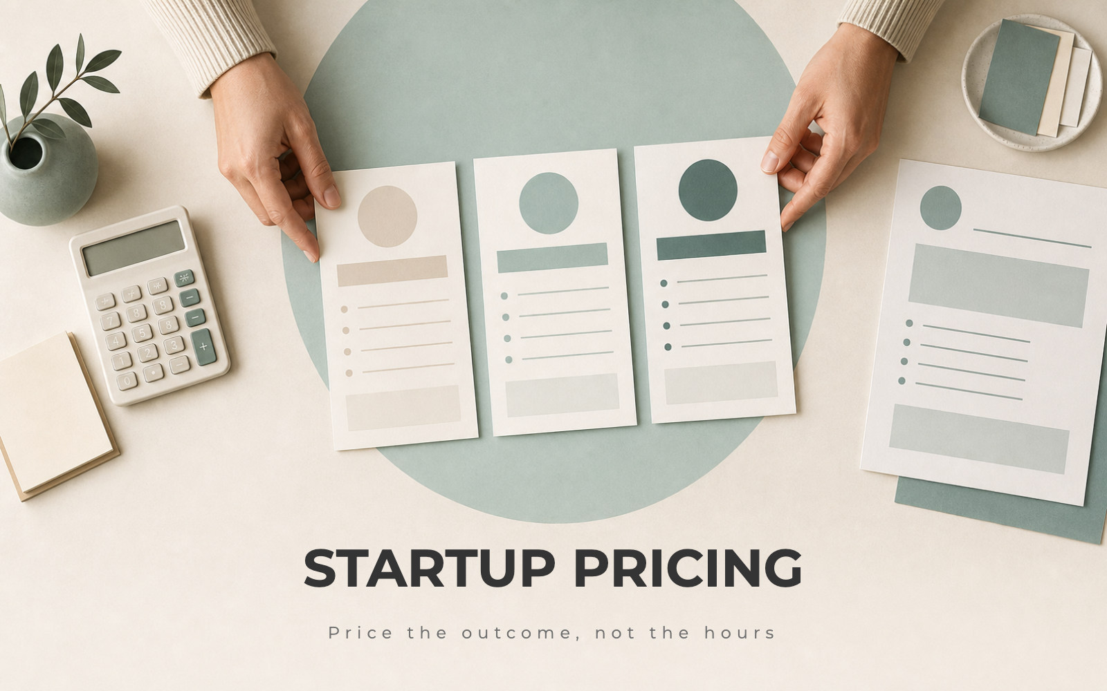 Hands arranging three pricing-tier cards on a table beside a calculator and a one-page offer sheet